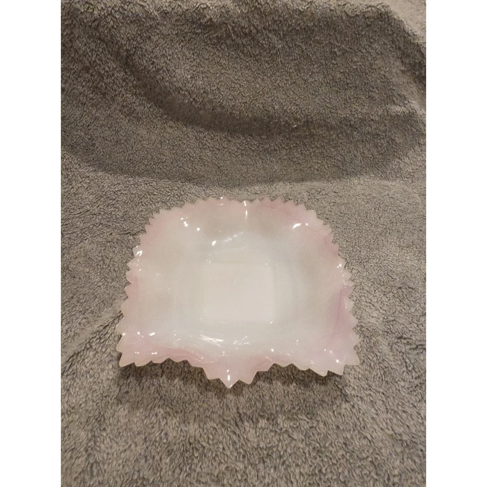 Vtg White Milk Glass Ruffled Bowl with Pink Edge Square Dresser Tray Dish
